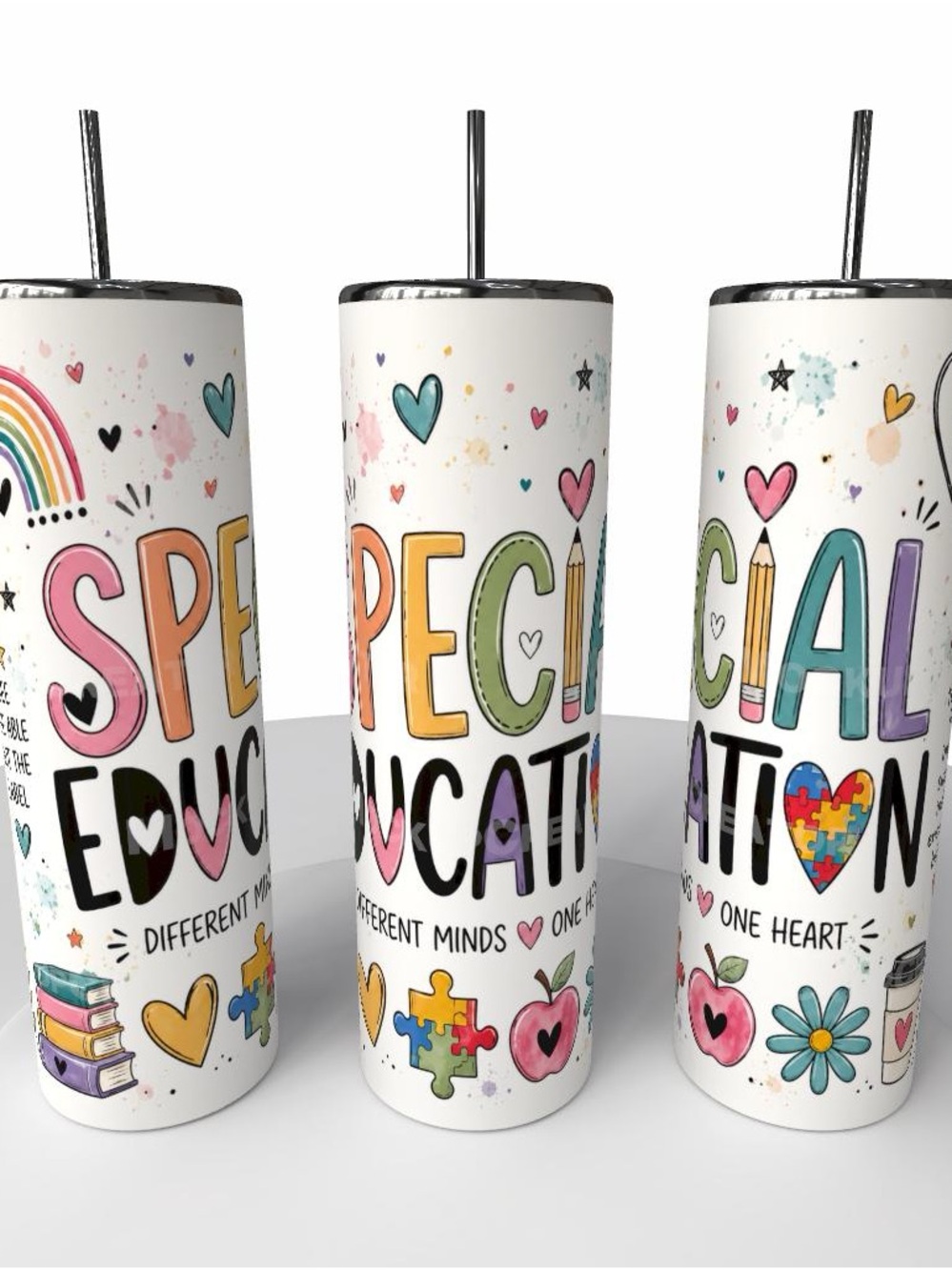 Special Education Rainbow Puzzle Heart White Stainless Tumbler